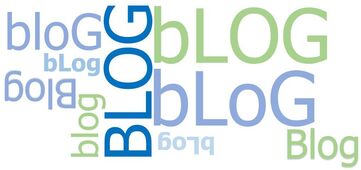 BLOG logo with the word blog displayed in different directions and in different shades of blue and green